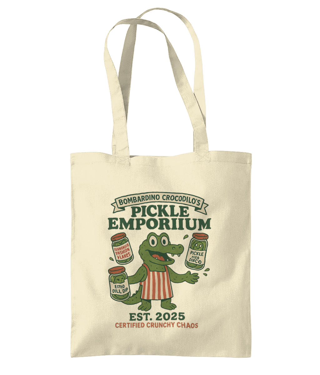 Bombardino Crocodilo’s Pickle Emporium Tote Bag – Certified Crunchy Chaos